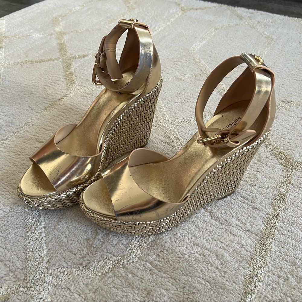Mika Braided Leather Gold Wedge Sandals Michael Kors